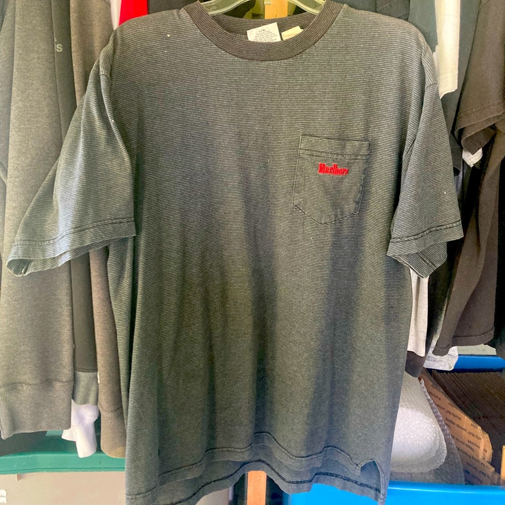 Vintage 90s Marlboro Cigarettes Striped Pocket Tee